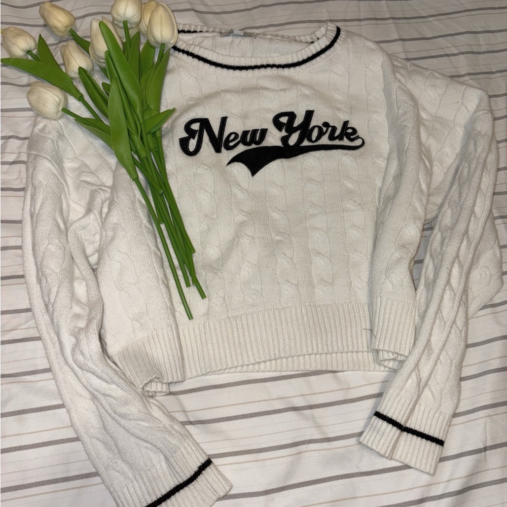 White Cable Knit Sweater with New York Embroidery